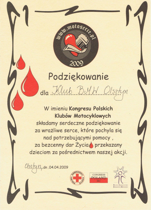dyplom dla Klubu Motoserce 2009