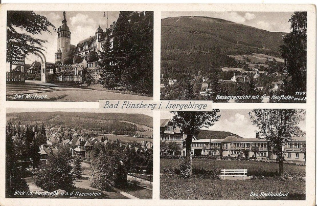 Niemcy_Bad Flinsberg i. Isergebirge_1) Das Kurhaus
2) Gesamtansicht mit dem Heufuder 1107m
(dziś Świeradów Zdrój)_1) Dom zdrojowy
2) Widok na Świeradów Zdrój ze stogu Izerskiego, w dali widać Dom zdrojowy