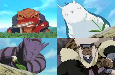 Naruto, Gamabunta, Manda,Katsuyu, Jiraja, Orochimaru,Tsunade